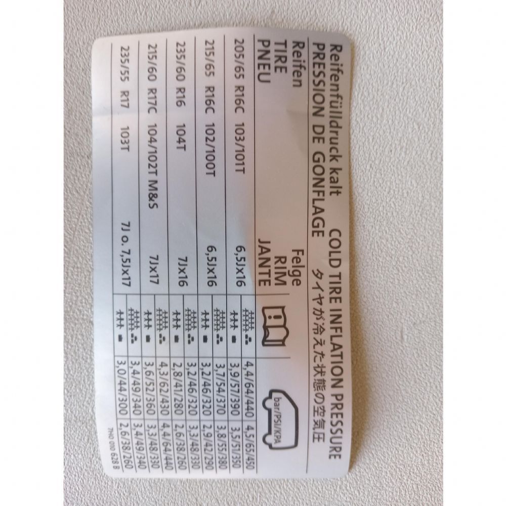 Volkswagen | Vw Transporter Lastik Basıncı Bilgi Etiketi VAG ORJİNAL | 7H0010628B | 